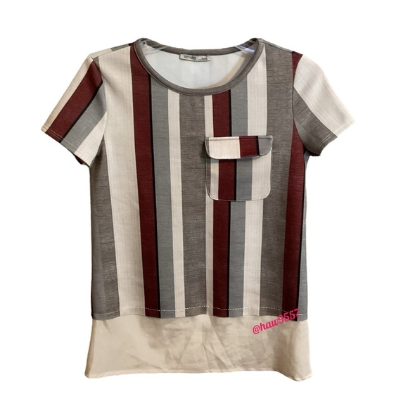 Zara Short Sleeve Top Size Small Orange Tan Ivory Stripe Pocket Ivory Hem - Picture 1 of 7